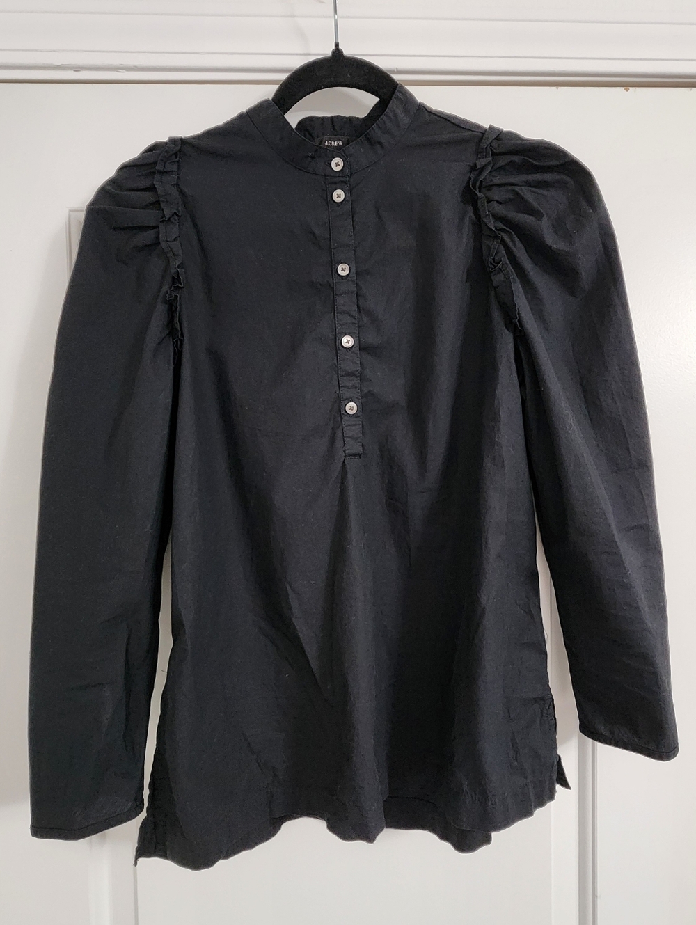 J. Crew Black Mutton Sleeve Puff Sleeve Gothic Ruffle Detail Blouse XS